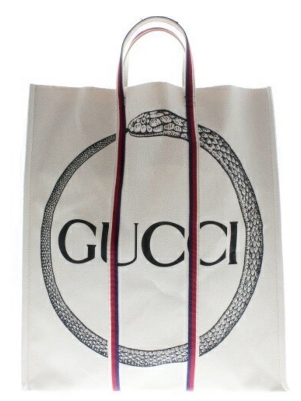Gucci White Canvas Tote with Black Snake Logo and Red-Blue Straps